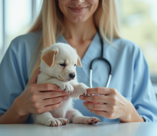 Vétérinaire examinant la patte d'un chiot dans une clinique lumineuse