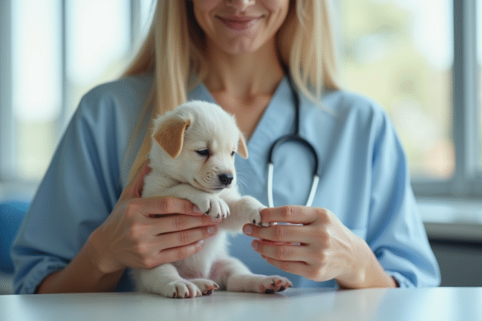 Vétérinaire examinant la patte d'un chiot dans une clinique lumineuse