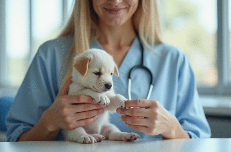 Vétérinaire examinant la patte d'un chiot dans une clinique lumineuse