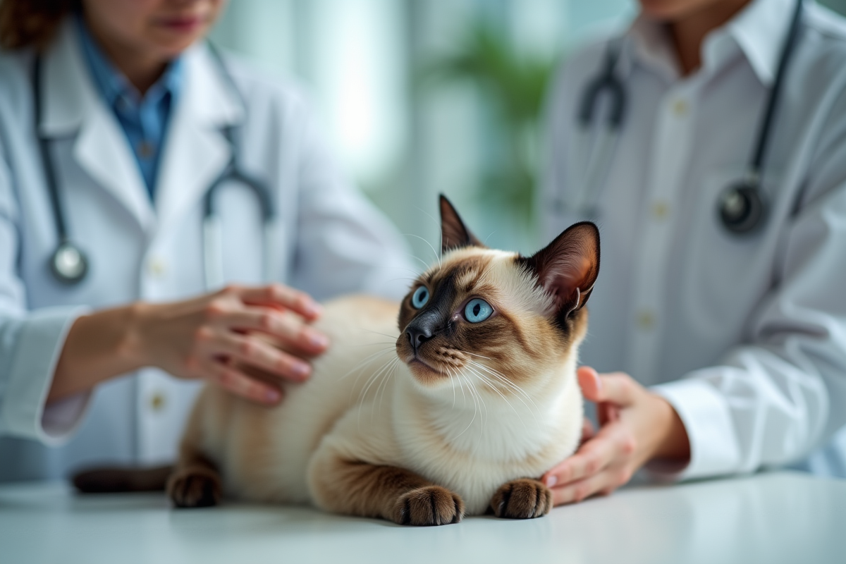 Vétérinaire examinant un chat siamois âgé sur une table blanche