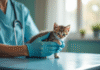 Vétérinaire examinant un chaton sur une table propre