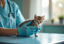 Vétérinaire examinant un chaton sur une table propre