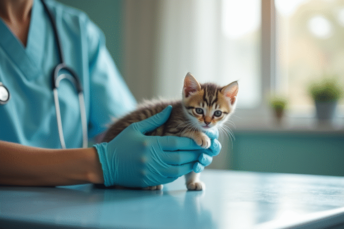 Vétérinaire examinant un chaton sur une table propre