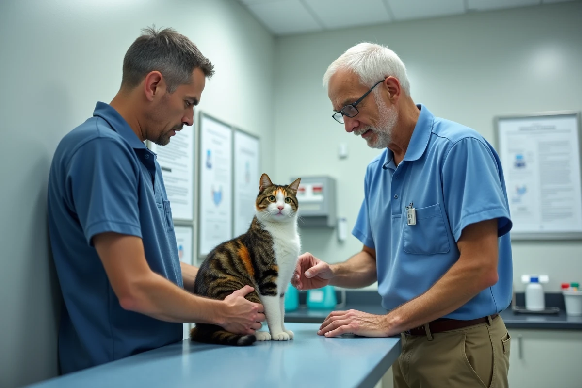 Vétérinaire expliquant un soin à un homme âgé avec son chat