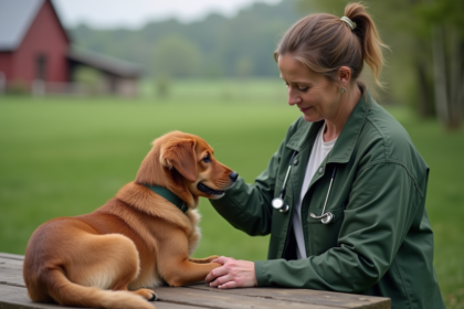 Vétérinaire femme examine un chien en extérieur dans la ferme