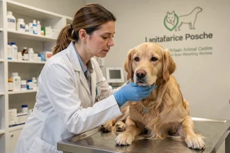 Vétérinaire examinant un chien rescapé dans une clinique de protection animale en France