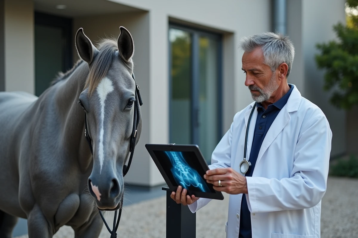 Vétérinaire équin consultant des radiographies sur tablette à côté d'un cheval Warmblood gris vieillissant devant une clinique