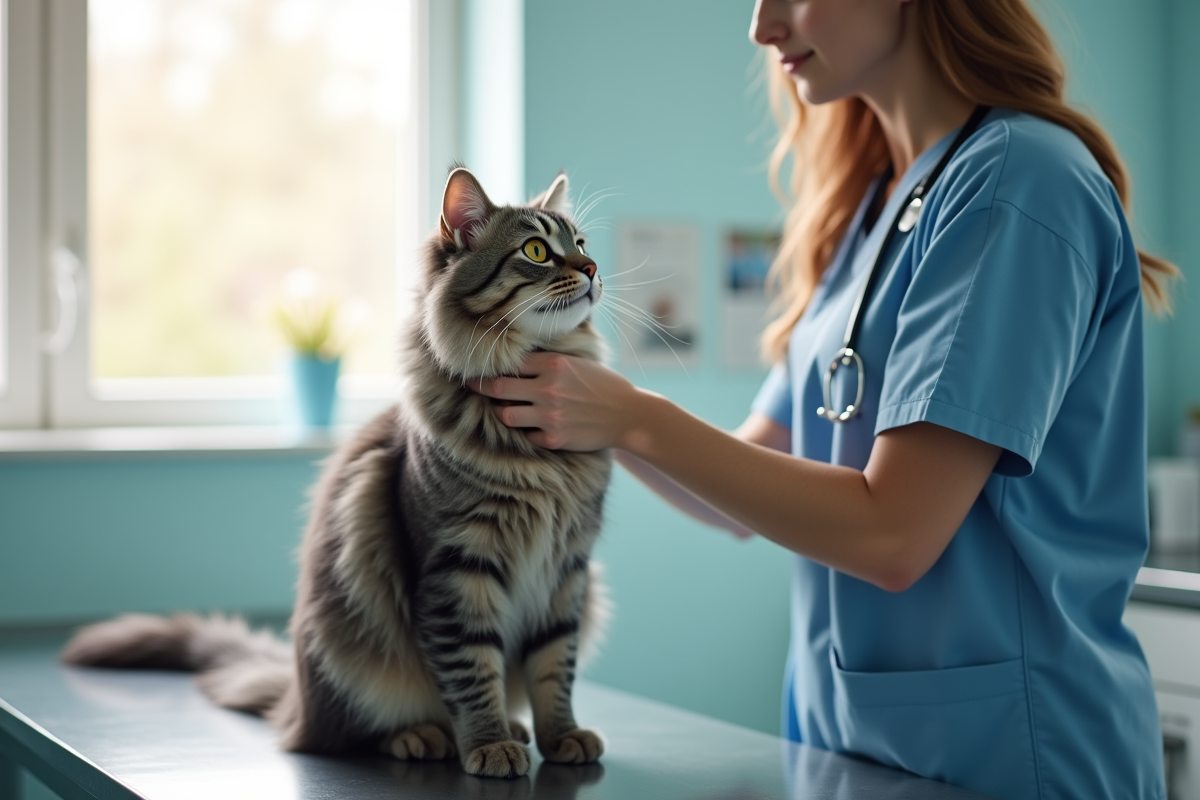 Vétérinaire retire un collier en plastique à un chat gris en clinique