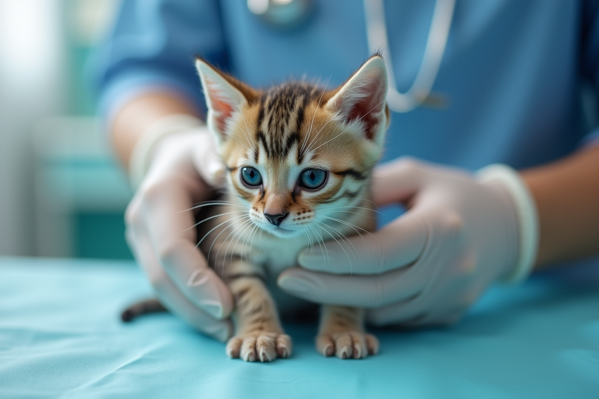 Vétérinaire tenant un chaton sain sur une table d