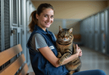 Jeune femme en veste ASPCA tenant un chat sauvé dans un refuge