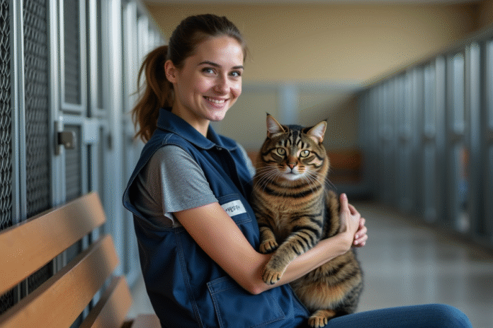 volontaire-sauvetage-chaton Jeune femme en veste ASPCA tenant un chat sauvé dans un refuge