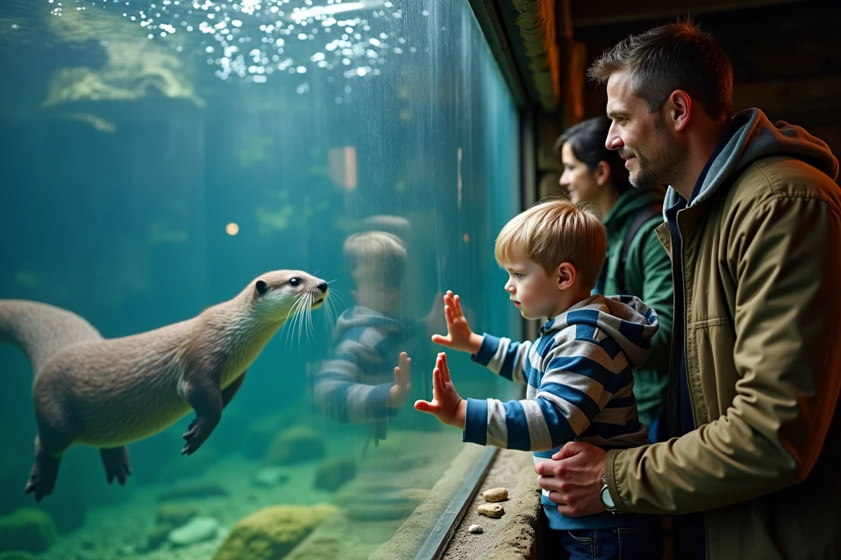 Famille en train d'observer des loutres derrière une vitre dans un zoo en Haute-Savoie